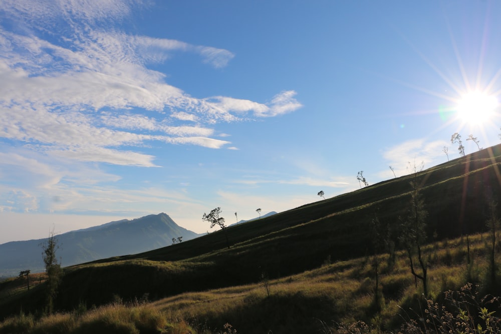 green grass field near mountain under blue sky during daytime