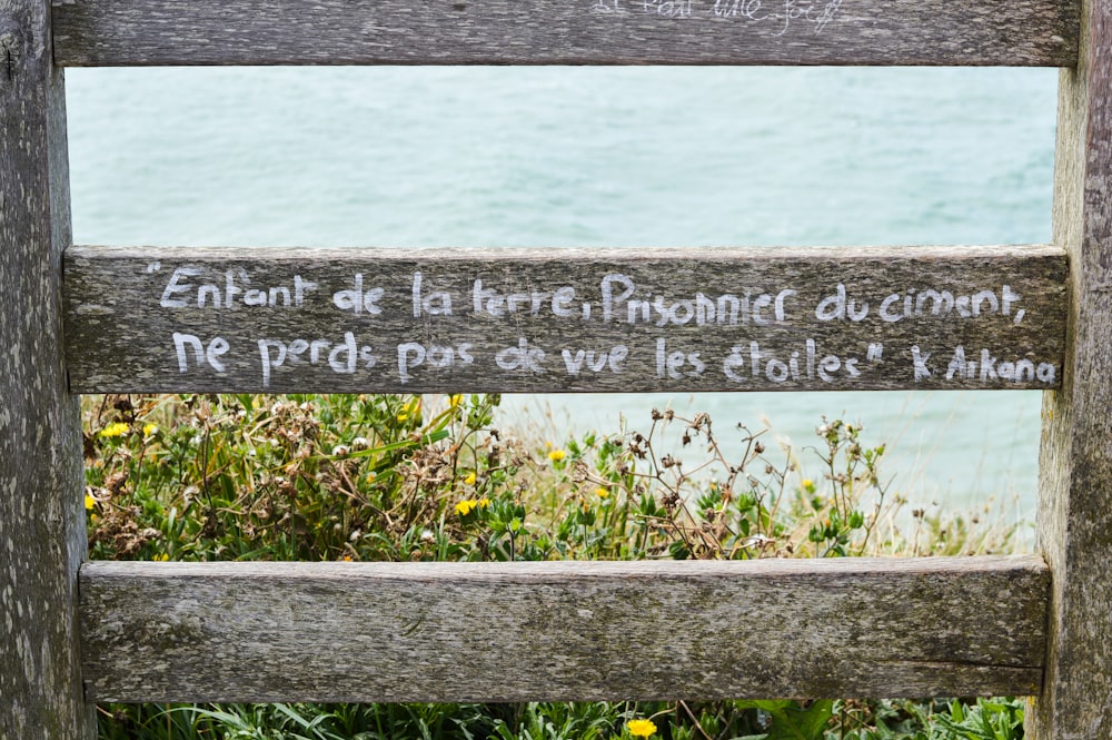 gray wooden quote board on green grass near body of water during daytime