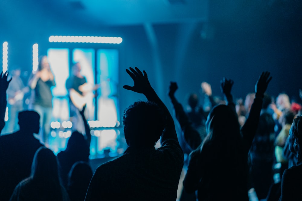 silhouette of people raising hands