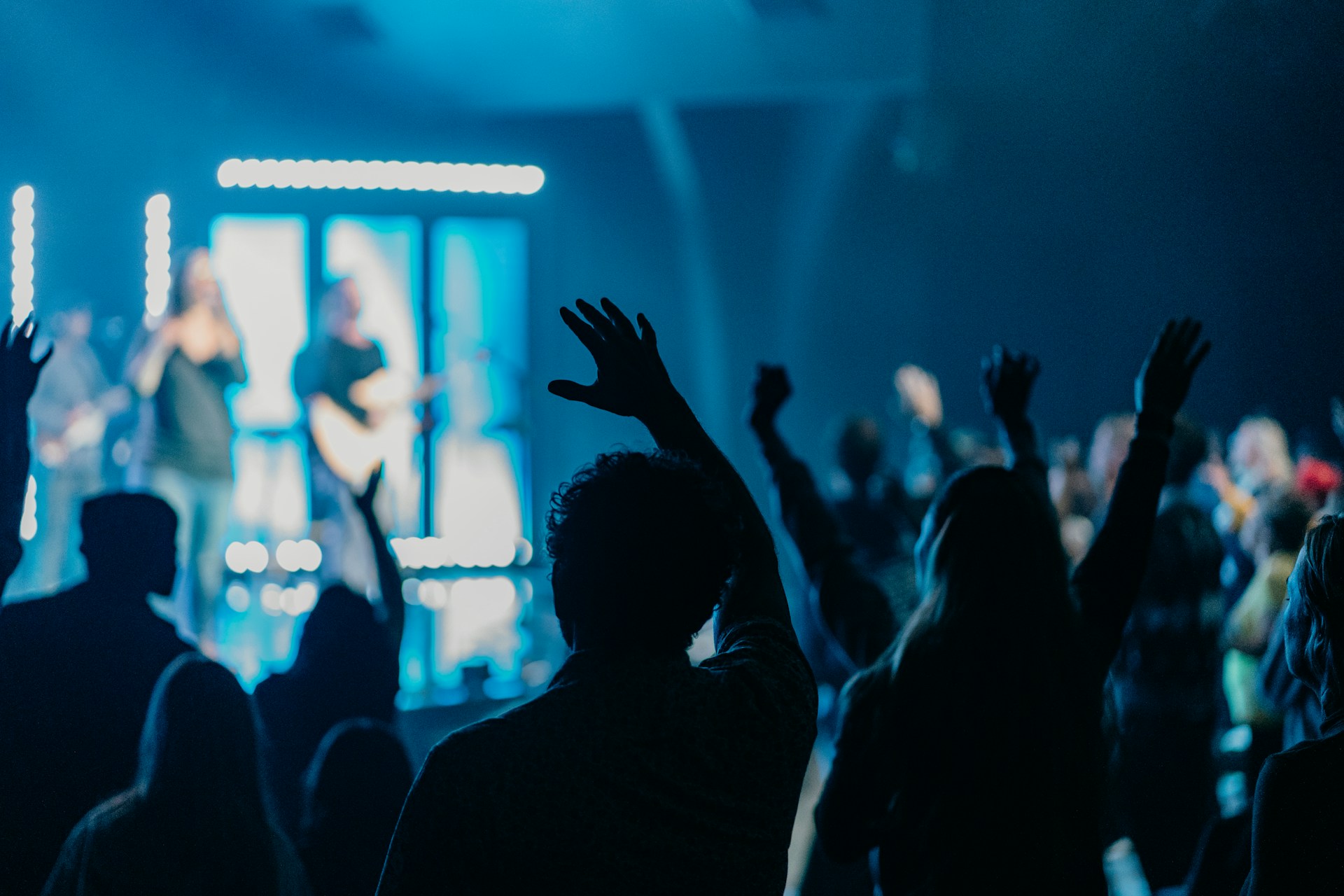 silhouette of people raising hands