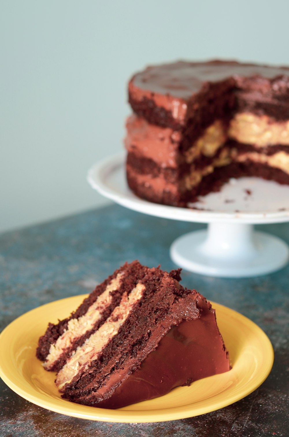 chocolate cake on yellow plate