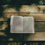 Open Bible resting on a wooden table with soft natural light.