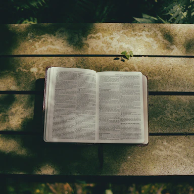 A softly lit open Bible resting on a wooden table with gentle golden light filtering through stained glass.
