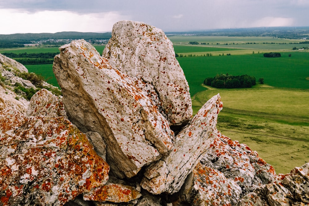 a pile of rocks sitting on top of a lush green field