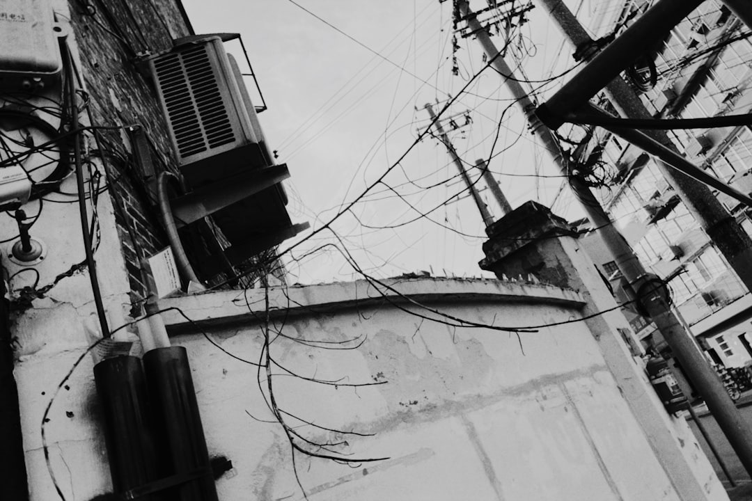 grayscale photo of electric wires