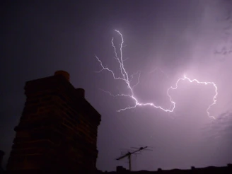 Close-up of a digital lightning strike counter installed on a rooftop under a clear sky.