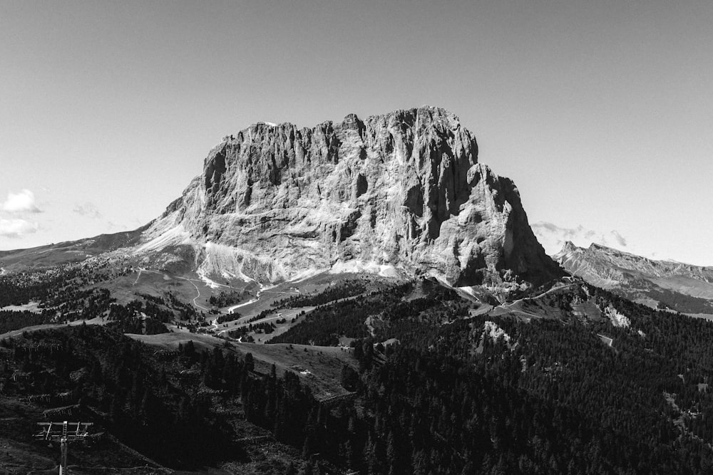 grayscale photo of rocky mountain