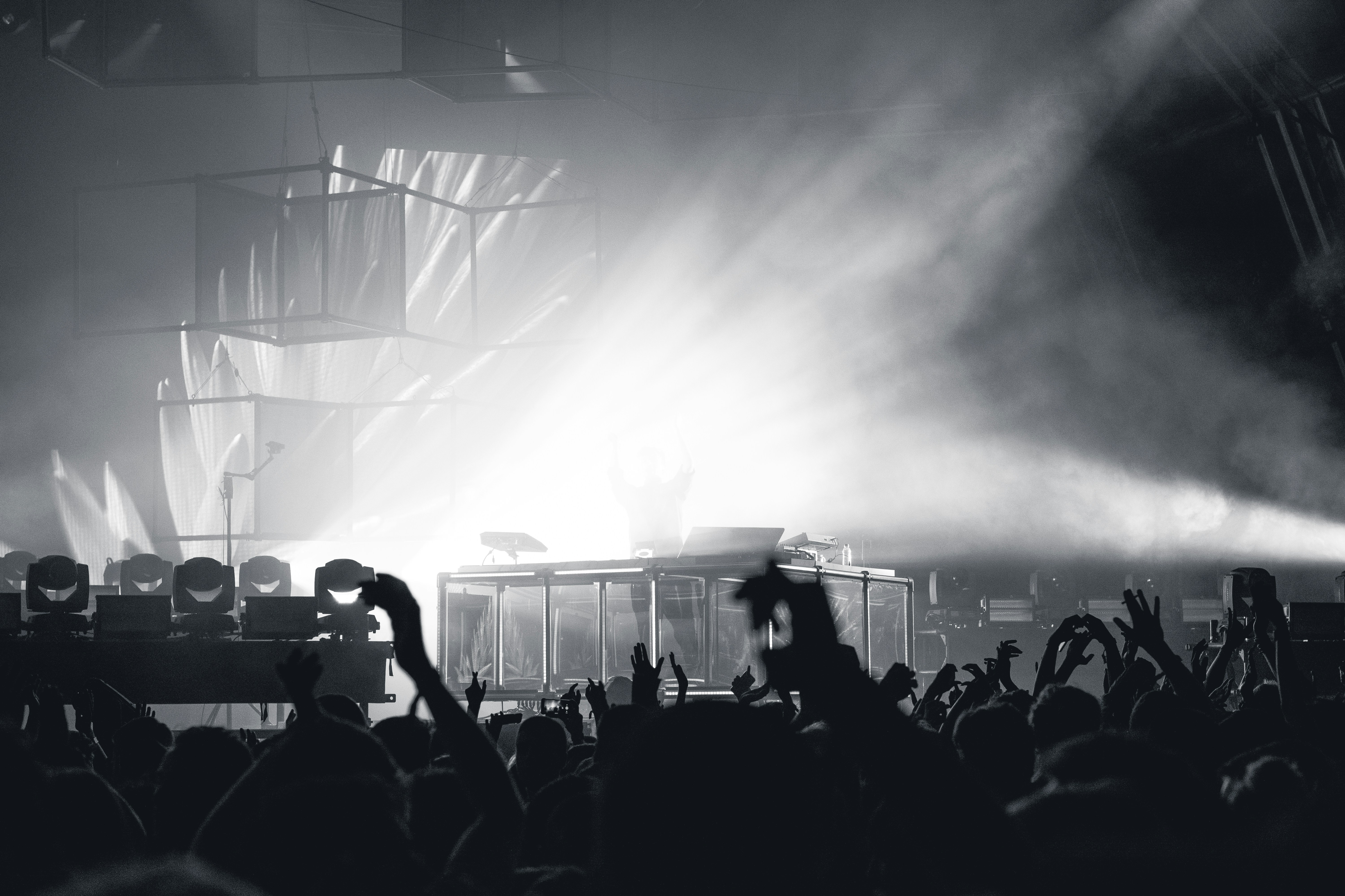 grayscale photo of people in concert