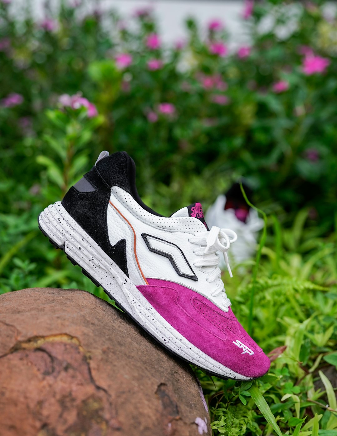 purple and white nike running shoe on brown rock