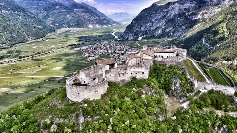 A panoramic view of a historic castle surrounded by greenery.