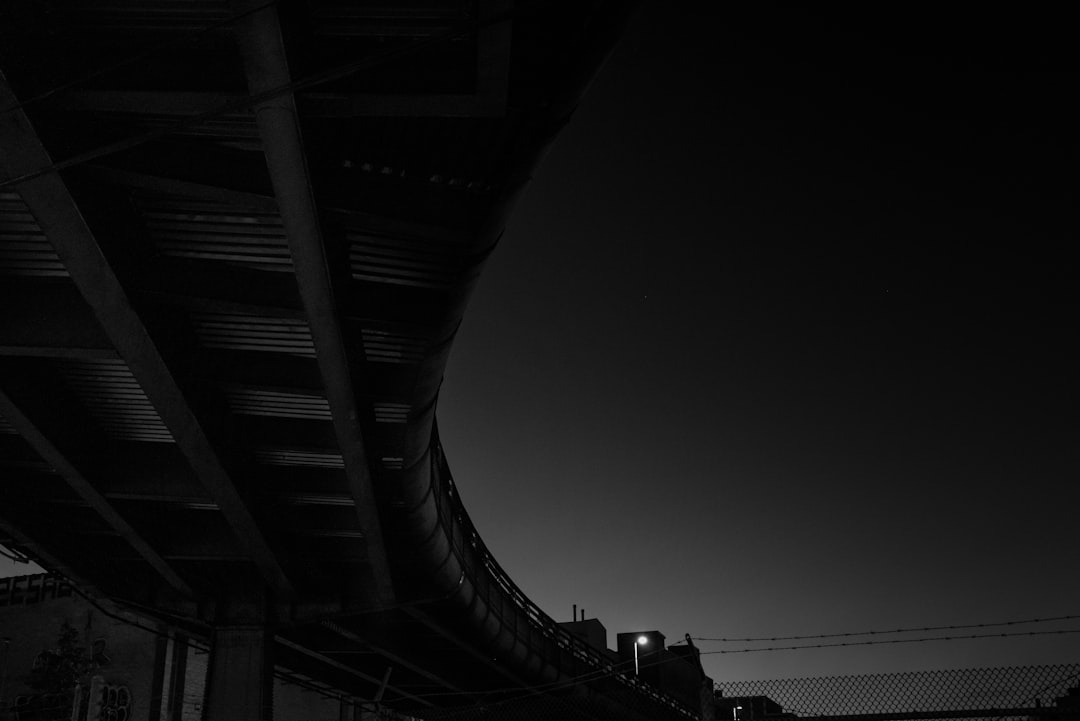 grayscale photo of people walking on bridge