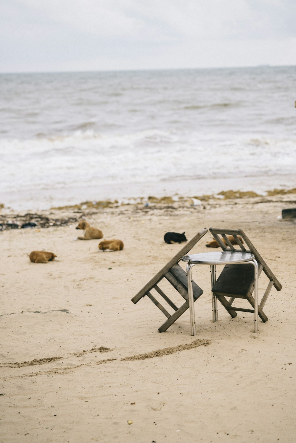 chaise pliante en bois noir sur la plage pendant la journée