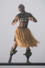 An individual is dressed in traditional dance attire, wearing a patterned top and a skirt made of straw-like material. The person has accessories around the wrists and ankles, and stands with an expressive pose. The setting is minimal, with a plain background.