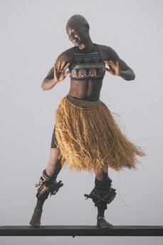 An individual is dressed in traditional dance attire, wearing a patterned top and a skirt made of straw-like material. The person has accessories around the wrists and ankles, and stands with an expressive pose. The setting is minimal, with a plain background.