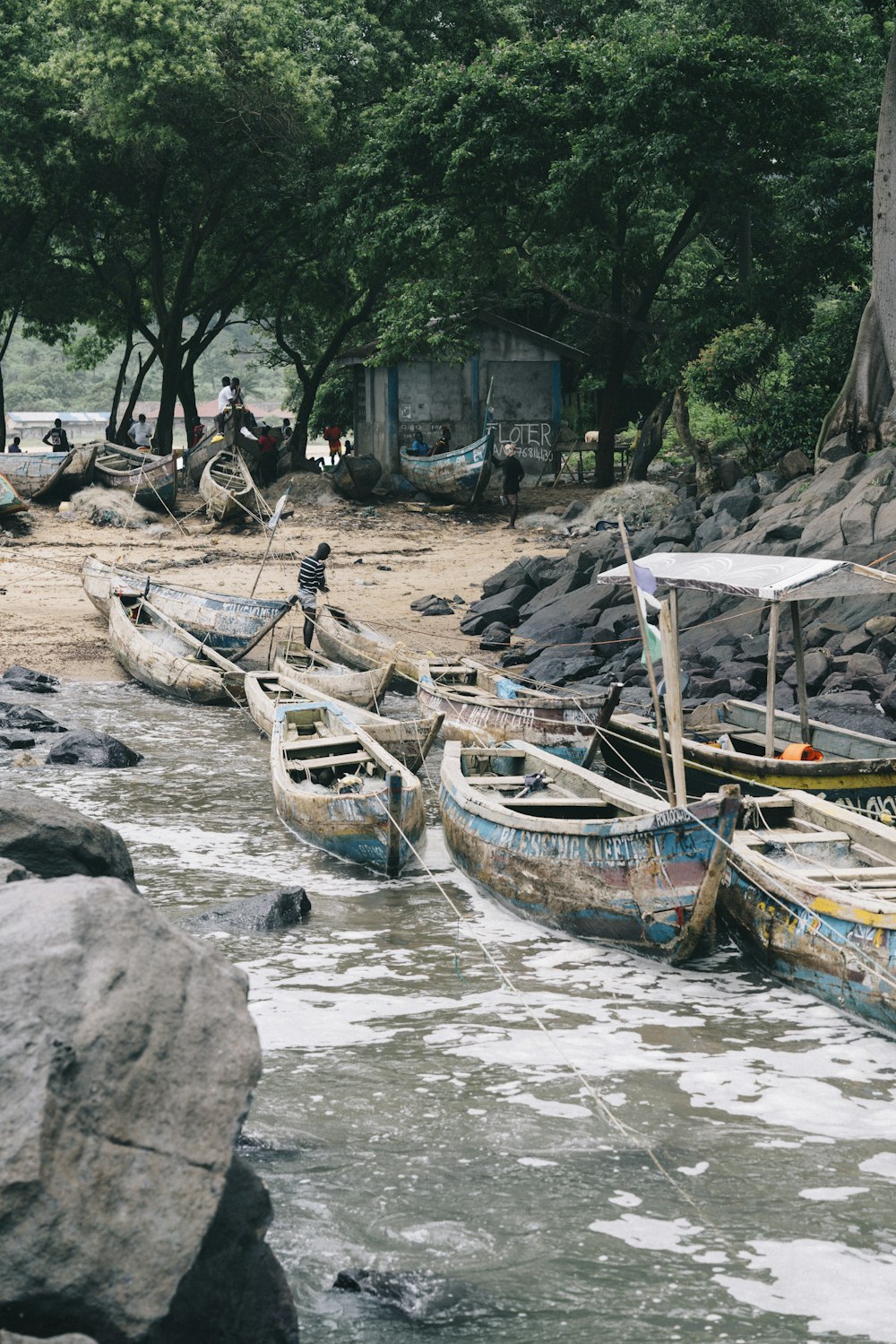 blue and brown boat on shore during daytime