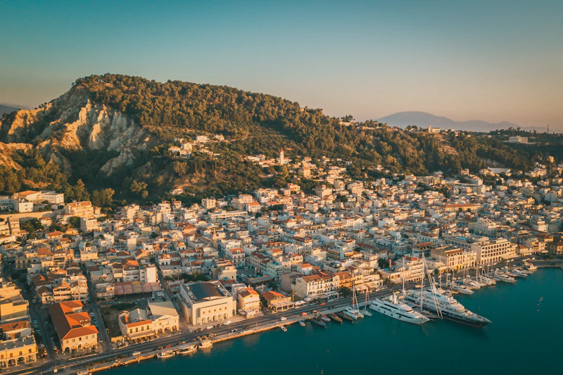Zakynthos town harbour buildings by the Ionian sea