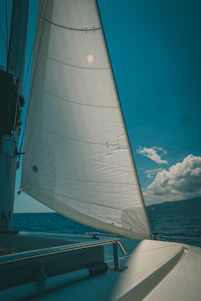 Alan Morgan steering his sailboat against a backdrop of open ocean and clear blue skies.