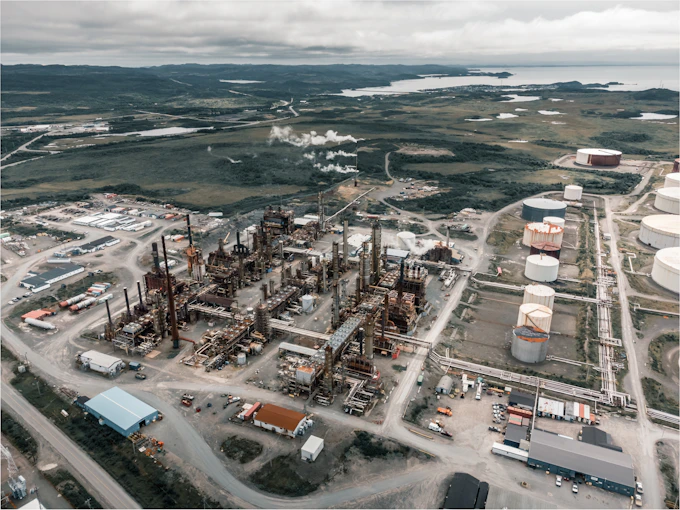 Aerial view of a refinery with storage tanks and process units