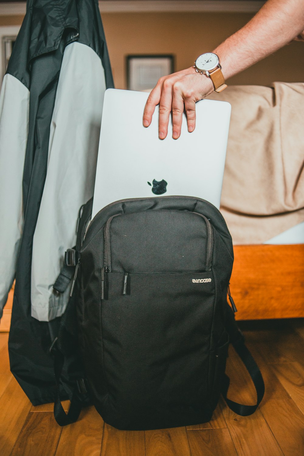 black backpack on white textile