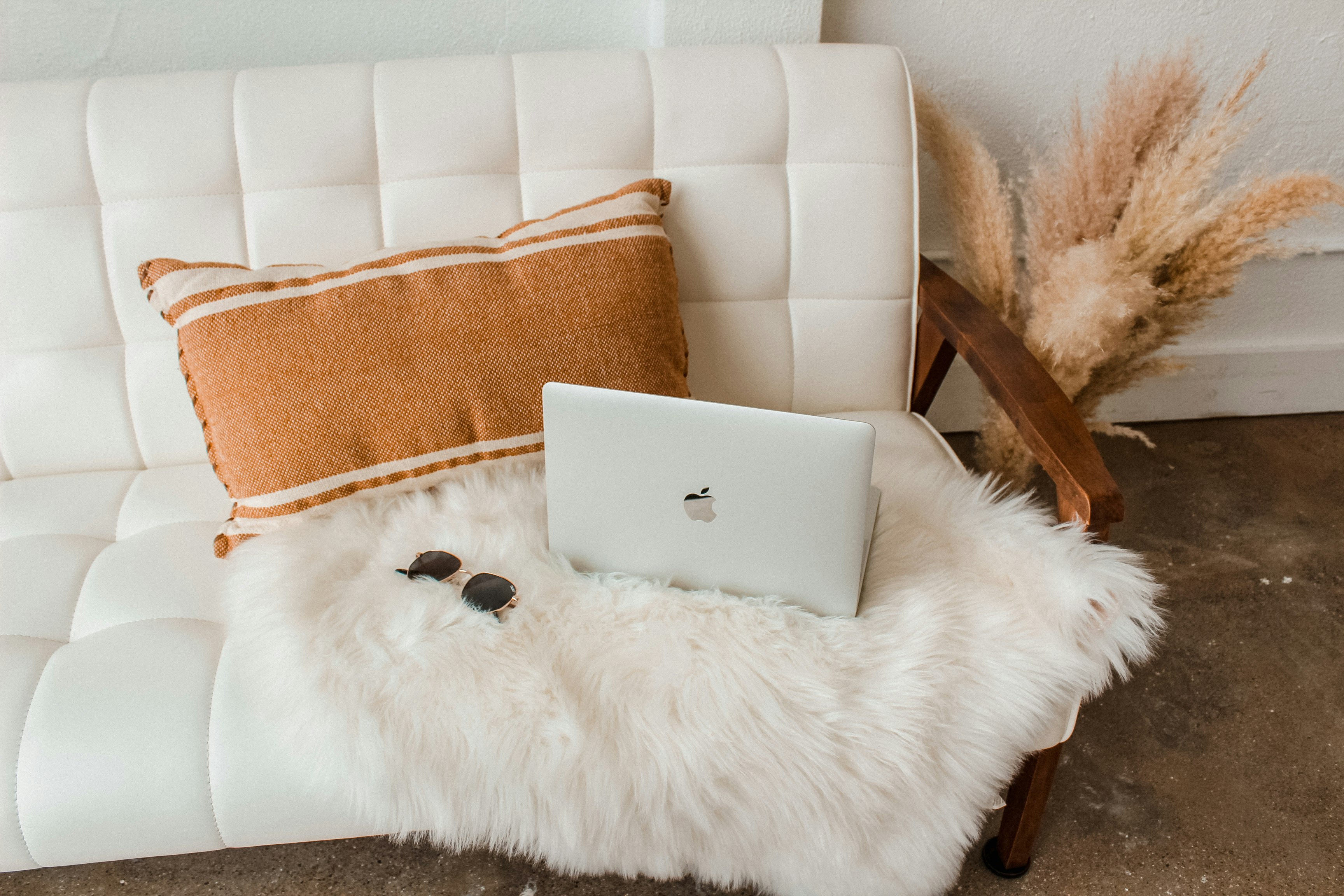 Laptop on loveseat with pampas grass