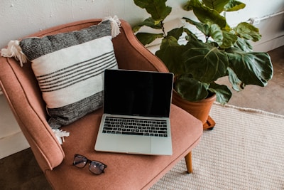 A cozy corner with plants and a laptop displaying the pelvic health blog in forest green and white tones.