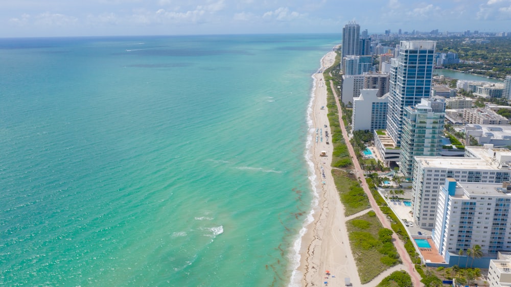 aerial view of city buildings near sea during daytime