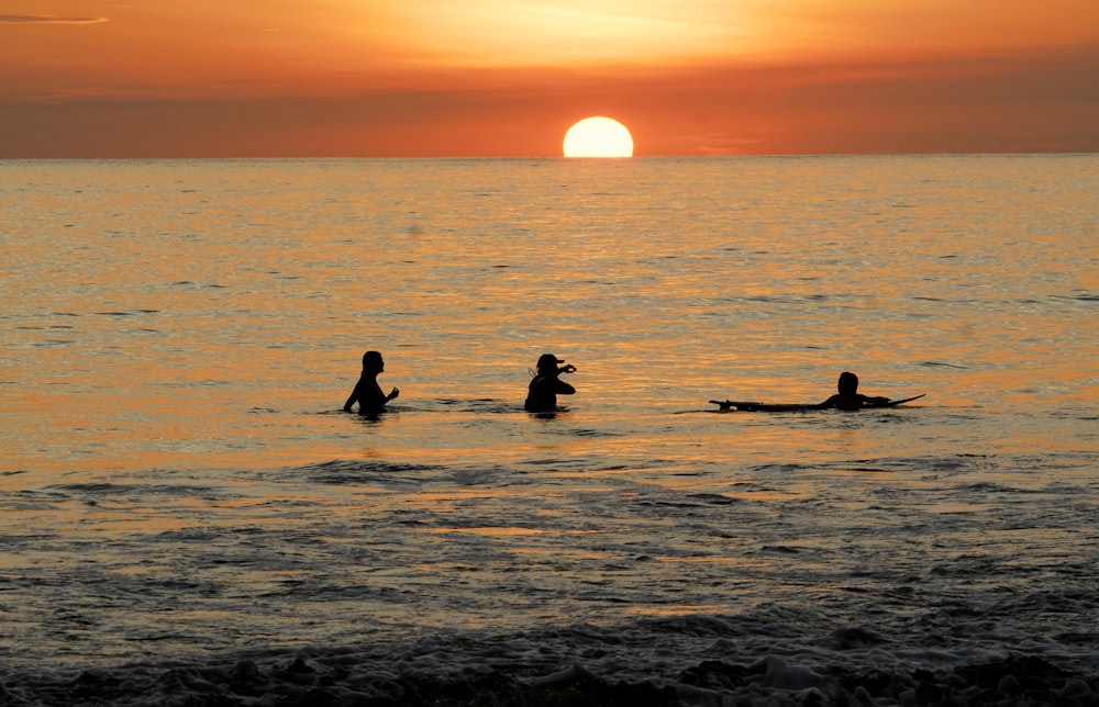 silhouette of people on sea during sunset