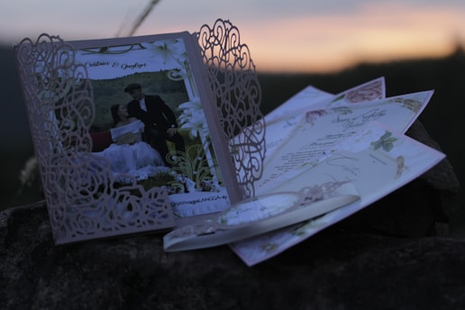 A vibrant display of custom wedding cards and printed gift items arranged neatly.