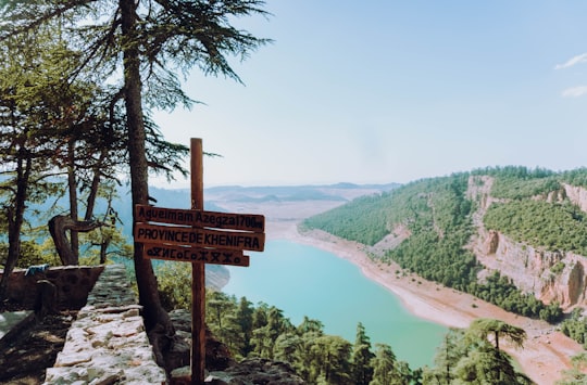 brown wooden cross on brown rock near green trees and lake during daytime in Aguelmam Azegza Morocco