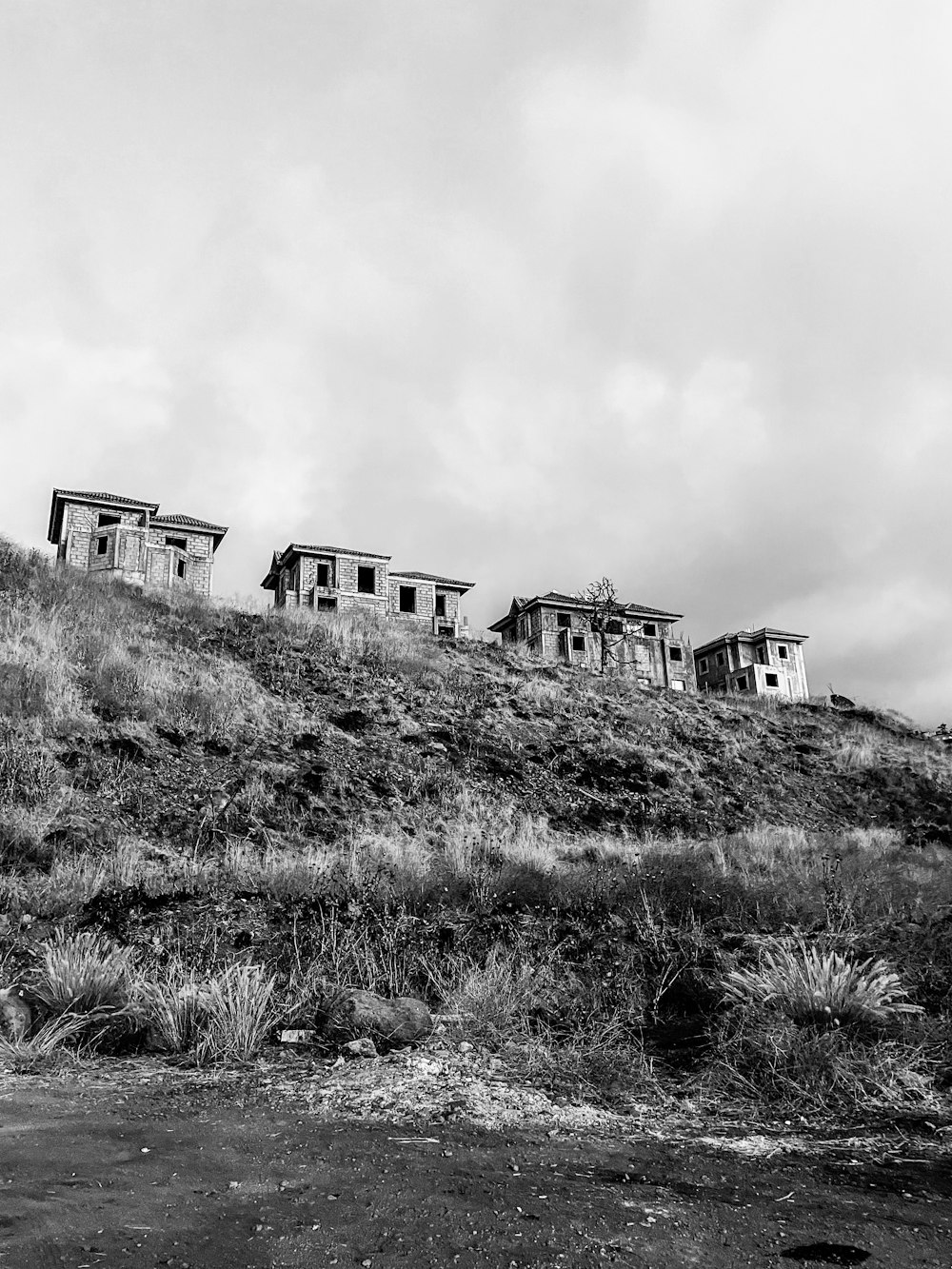 grayscale photo of house on hill