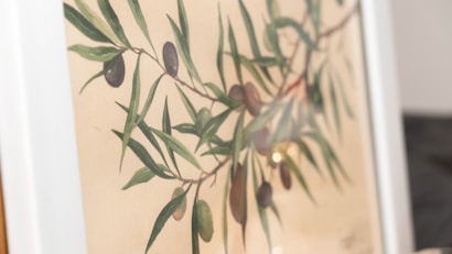 A framed artwork depicting a botanical illustration of an olive branch with green leaves and several black and green olives against a beige background.