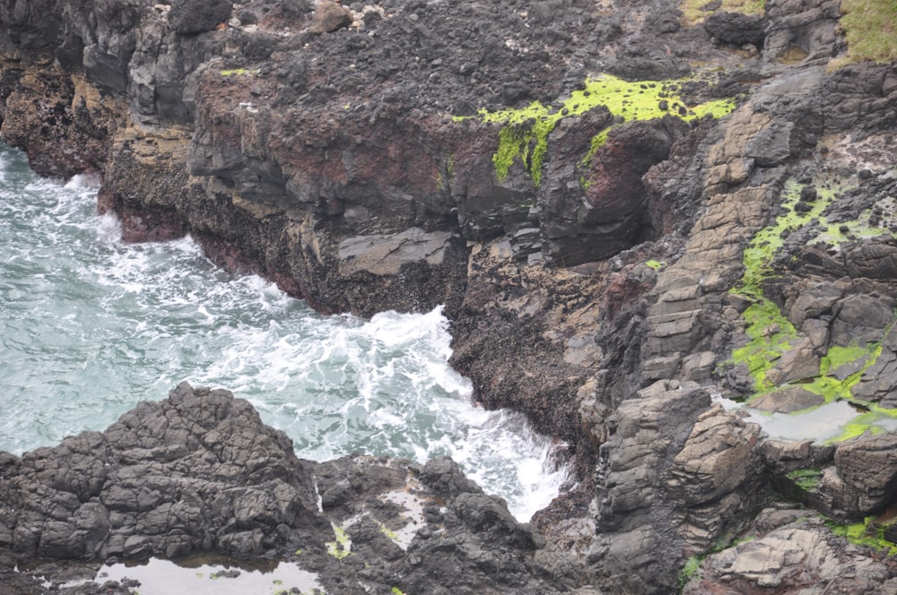 green and brown rock formation beside body of water during daytime