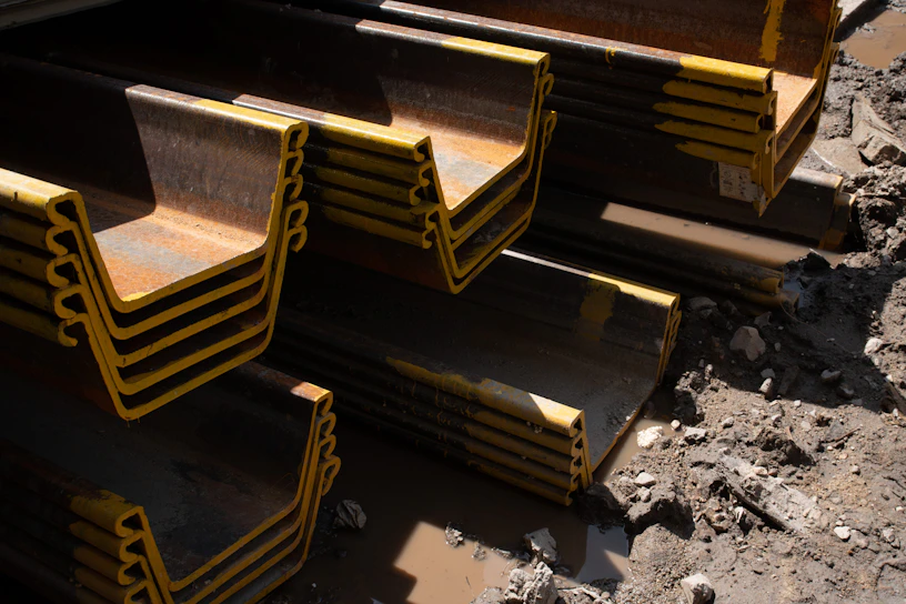 A close-up of sturdy steel beams stacked neatly at a construction site.