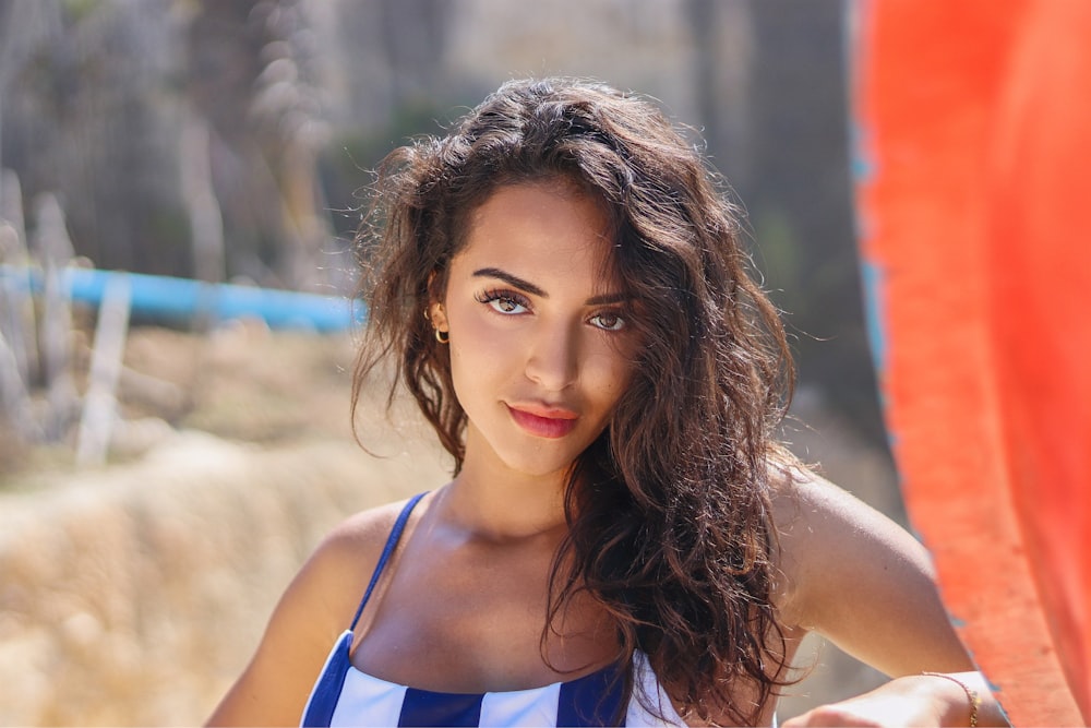 woman in blue tank top