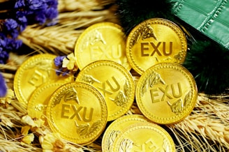 A collection of gold coins with the inscription 'EXU' is placed on a bed of wheat stalks. Purple and yellow flowers are scattered among the coins. A green, textured object, possibly a wallet or book, is partially visible at the top right.