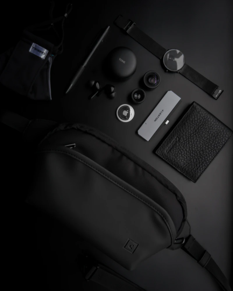 Camera resting on a black leather bag