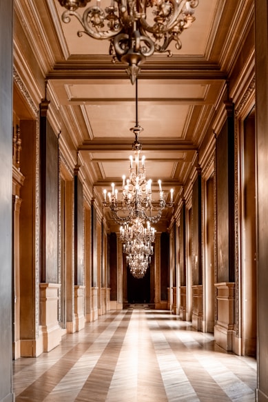 white and brown hallway with white ceiling