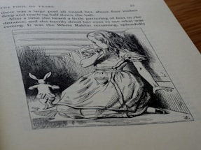 An illustration on a page from a book, depicting a young girl with long hair wearing a dress, sitting on the ground while looking towards a rabbit running away. The scene is sketched in a classic style, and the surrounding text describes the 'Pool of Tears' chapter.