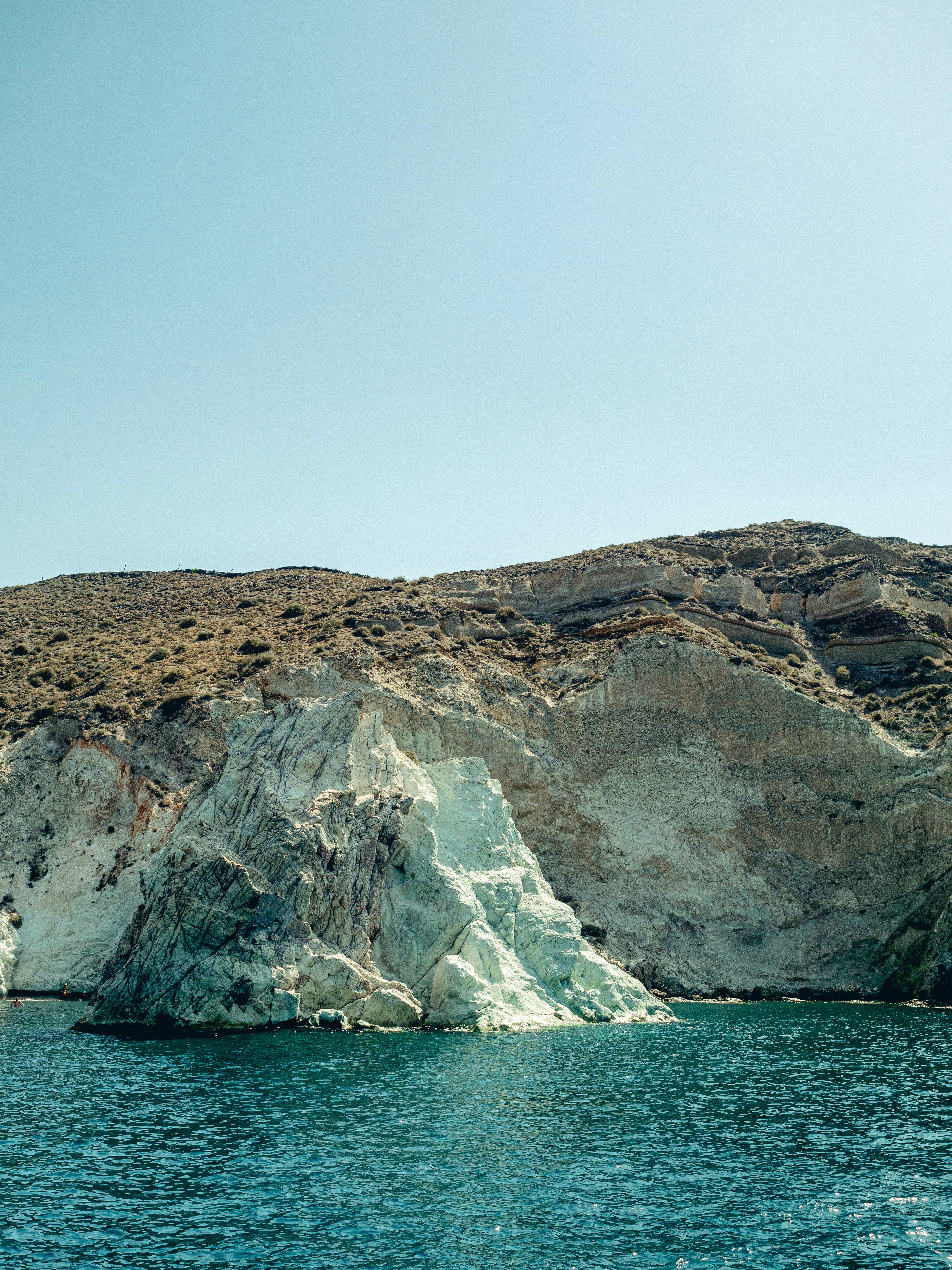 brown rocky mountain beside blue sea under blue sky during daytime