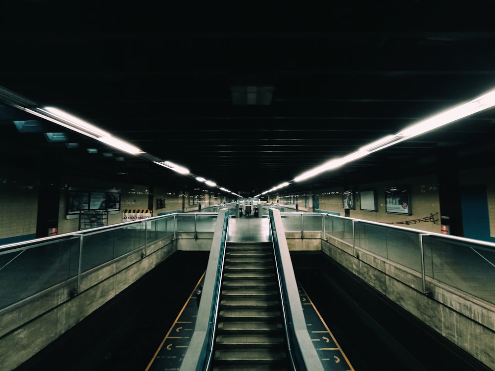 black and white train station