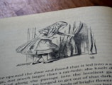 An illustration on a book page depicts a young girl with long hair and a dress peeking through curtains into a small door. The scene appears to be from a classic storybook, showcasing intricate line work and detail.