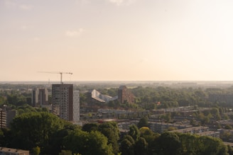 A panoramic view of a modern industrial township under development with cranes and green spaces.