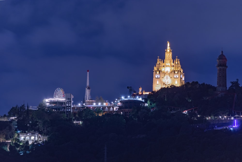 city skyline during night time