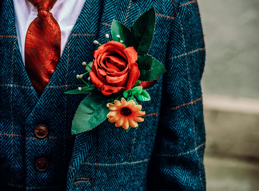 red rose on persons lap