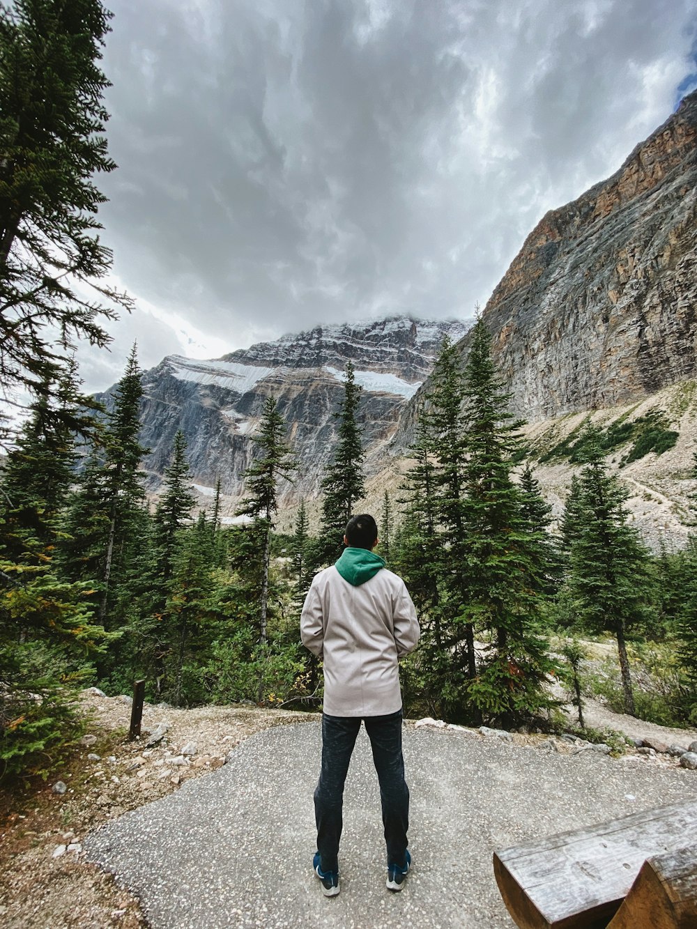 uomo in felpa grigia con cappuccio in piedi sul sentiero grigio di fronte agli alberi verdi e alla montagna durante