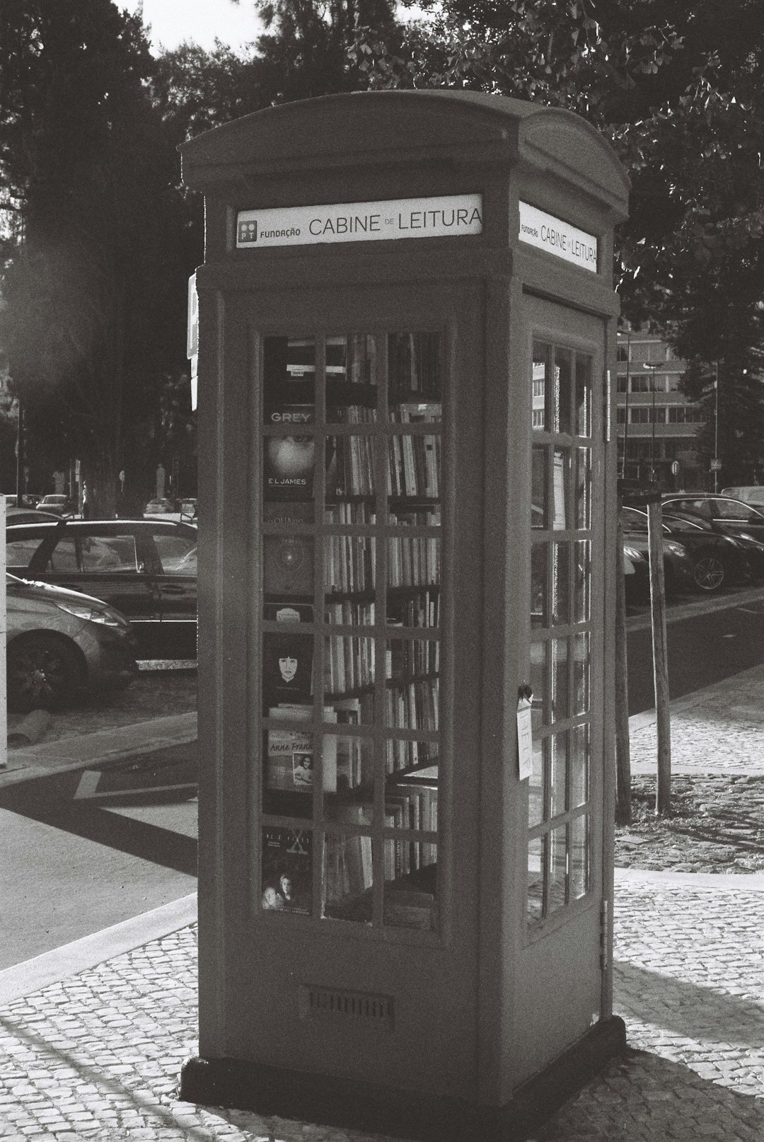 grayscale photo of telephone booth near road