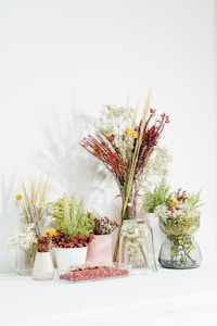 Multiple arrangements of dried flowers and plants are displayed in various vases and containers. The vases are transparent and ceramic, holding different varieties of greenery and colorful dried flowers, including reds, yellows, and whites. The setup is placed on a white table against a light-colored wall, giving it an elegant and natural look.