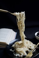 pasta on black ceramic plate