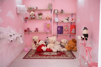 white bear plush toy on white and pink floral bed