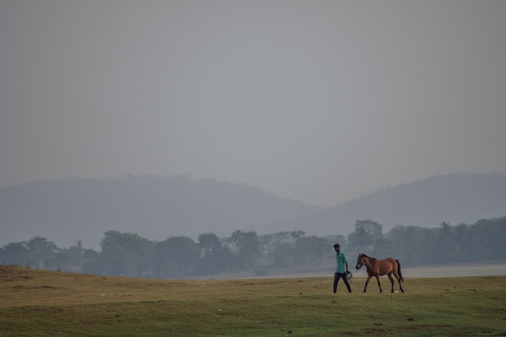 man in blue shirt riding horse on green grass field during daytime